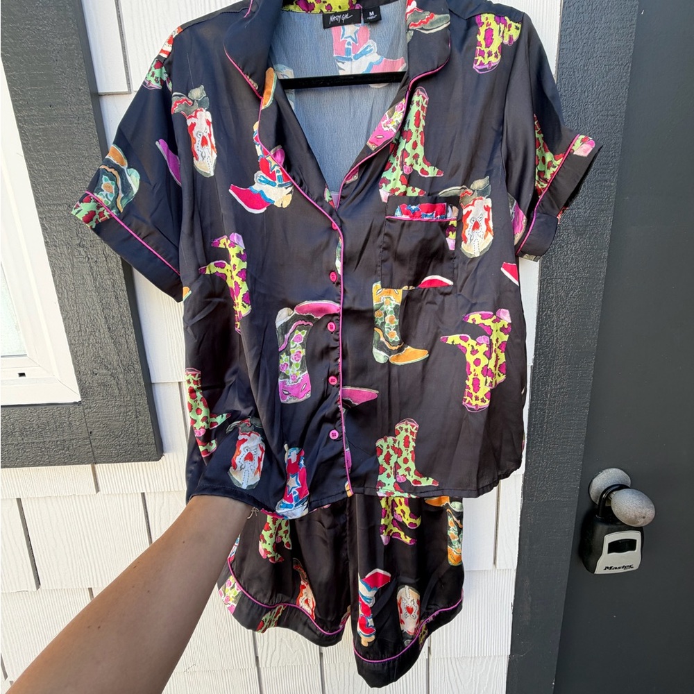 Nasty Gal Black Satin Cowboy Boot Print Pajama Set with Pink Trim
